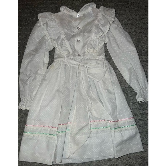 Polly Flinders vintage Prairie white Smocked Dress size 5. Pink Ruffle Lace . - Picture 4 of 8